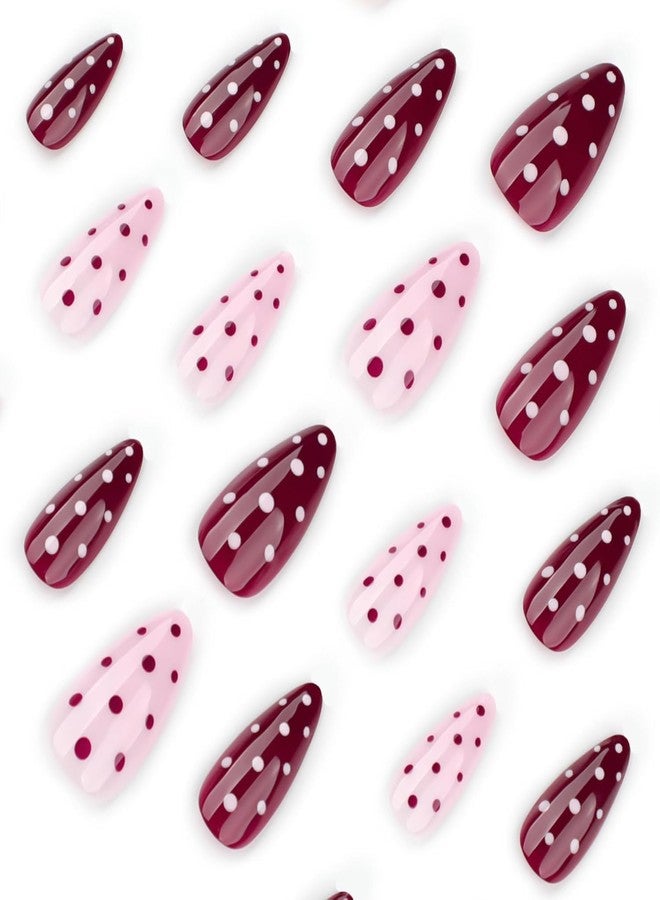 SPLOCUDU Almond Polka Dot Press on Nails Medium Fake Nails with Red Polka Dots Design Gel Glue on Nails Pink Glossy Full Cover Artificial Stick on Nail Acrylic False Nail for Women DIY Manicure 24Pcs - Image 2
